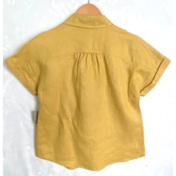 size PM petite medium NWT For Cynthia mustard yellow linen short slv button blou - Picture 2 of 4